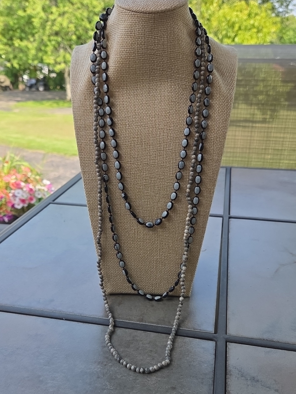 Beaded 2 Strands Of Necklaces- Black and Gray ☆ Stone & Plastic ☆ Vintage